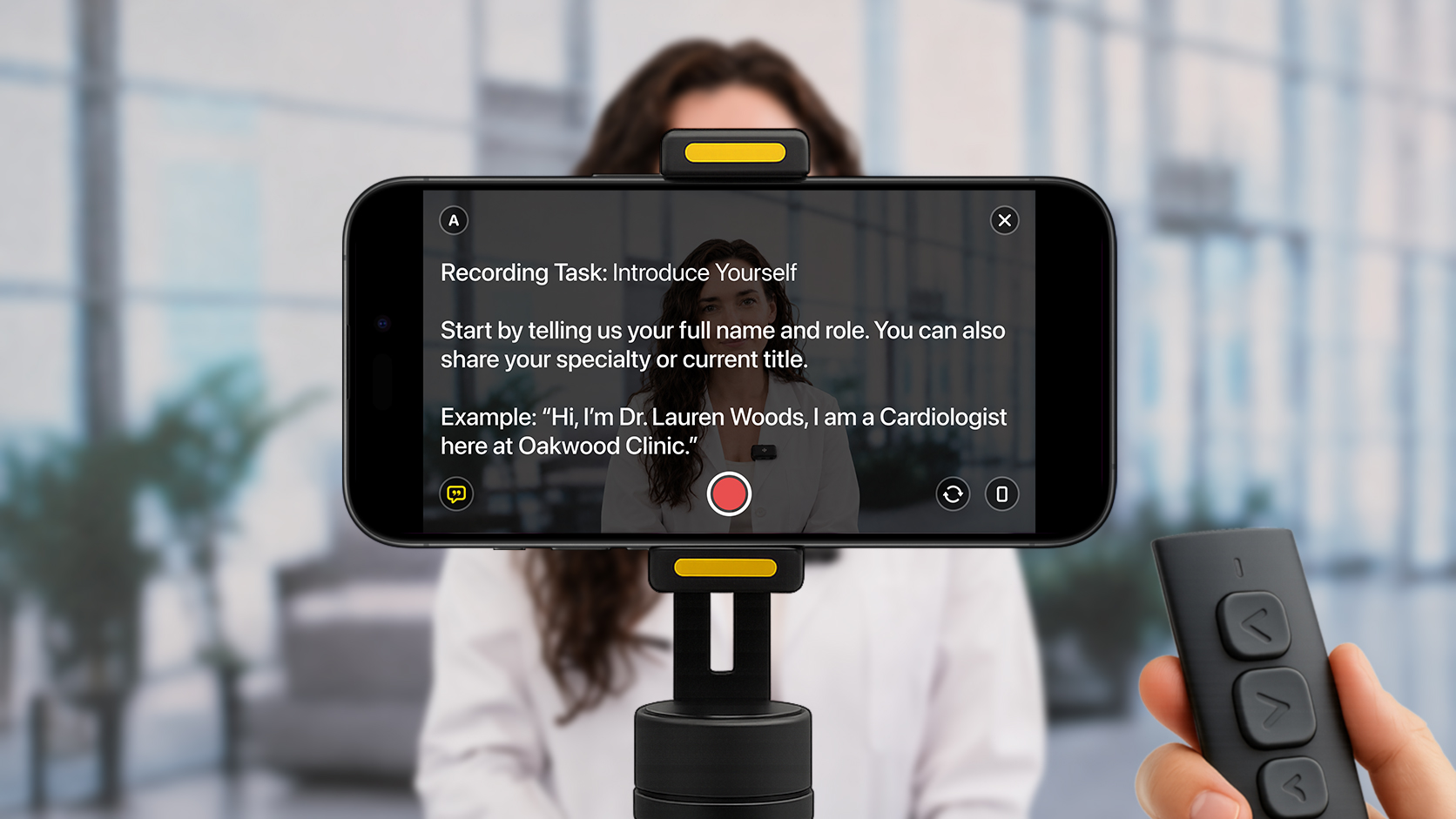 Cyrano guided recording task teleprompter capturing a physician's introduction video on a phone rig