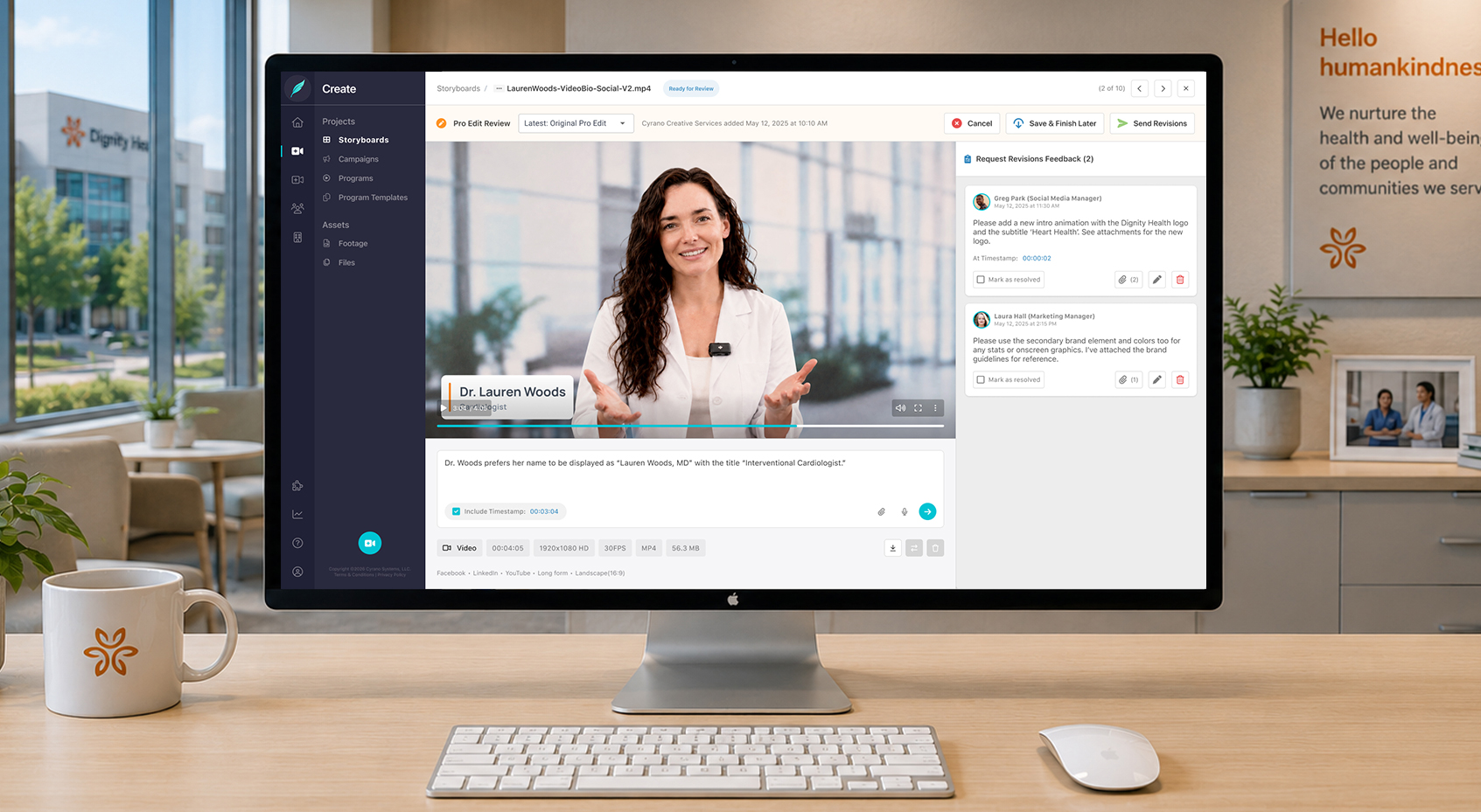 Cyrano review workspace with a physician video bio and Dignity Health revision feedback, on a desktop monitor