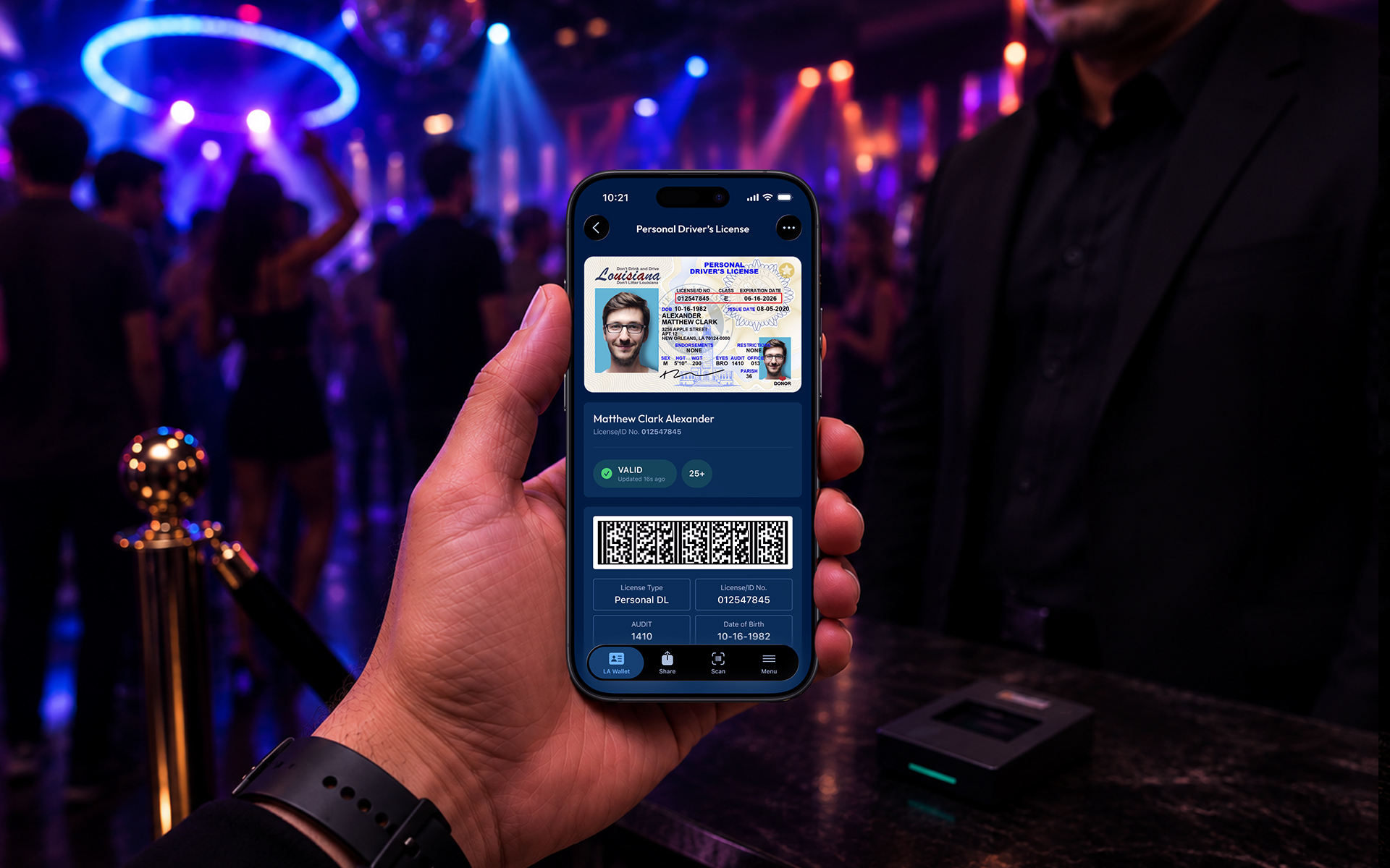 LA Wallet digital driver's license with VALID status and scannable barcode, on a phone at a nightclub entrance