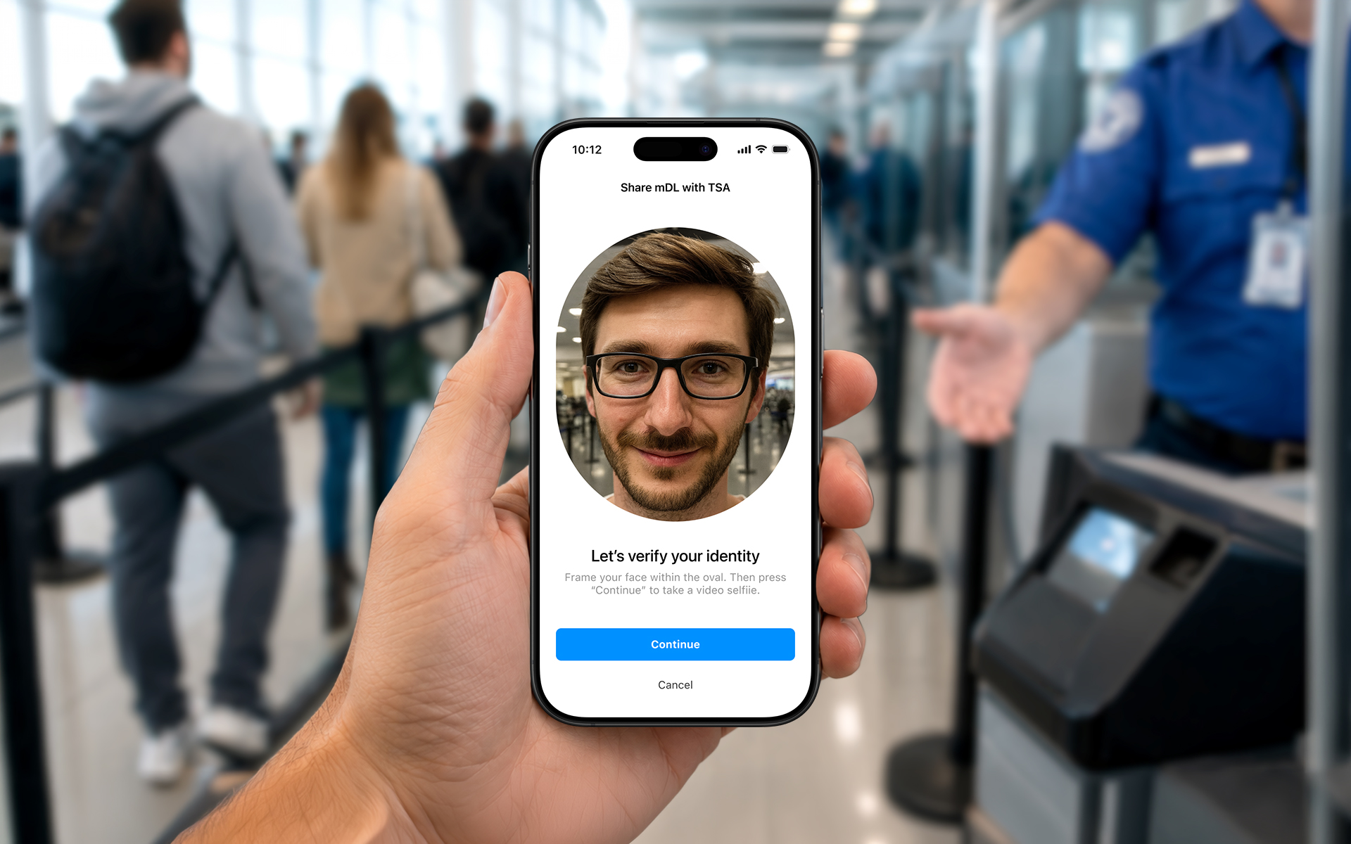 LA Wallet TSA identity verification with a video selfie, on a phone at an airport security checkpoint