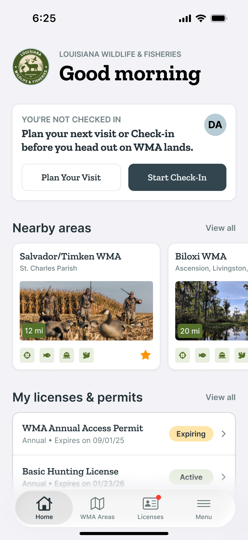 LWF home screen with the not-checked-in status card and its Start Check-In button highlighted
