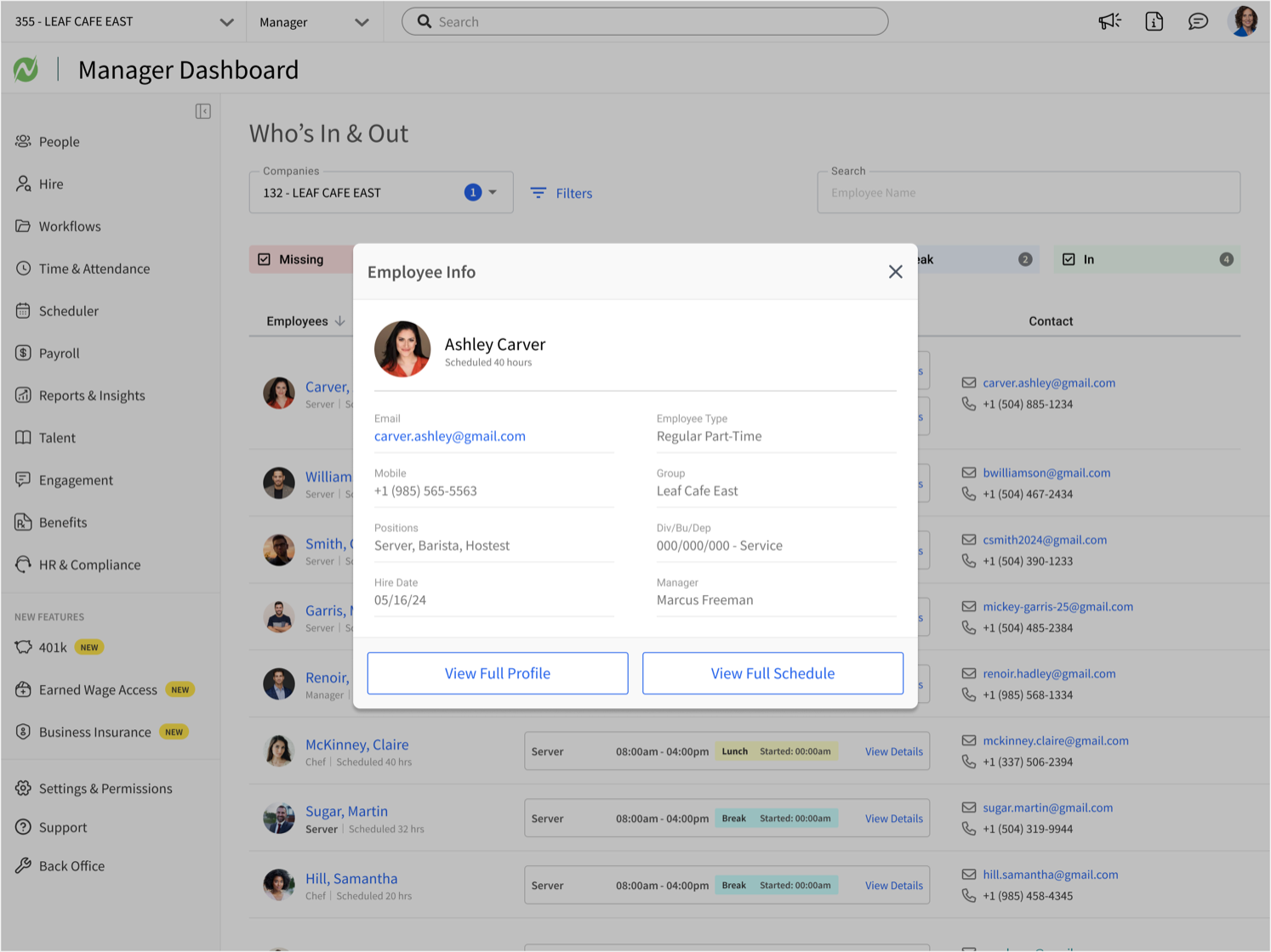 An employee details panel over the dashboard, with the missing employee's photo, role, phone number, and email