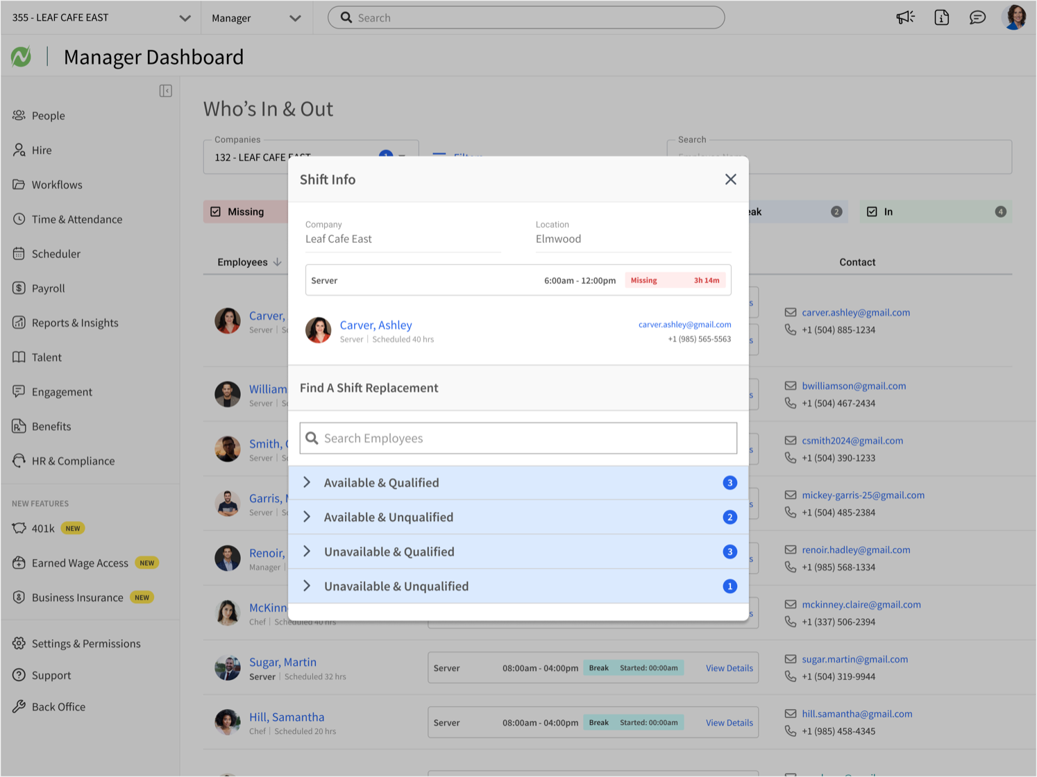 A shift info panel on desktop showing the missed shift and a Find A Shift Replacement list organized by availability and qualifications