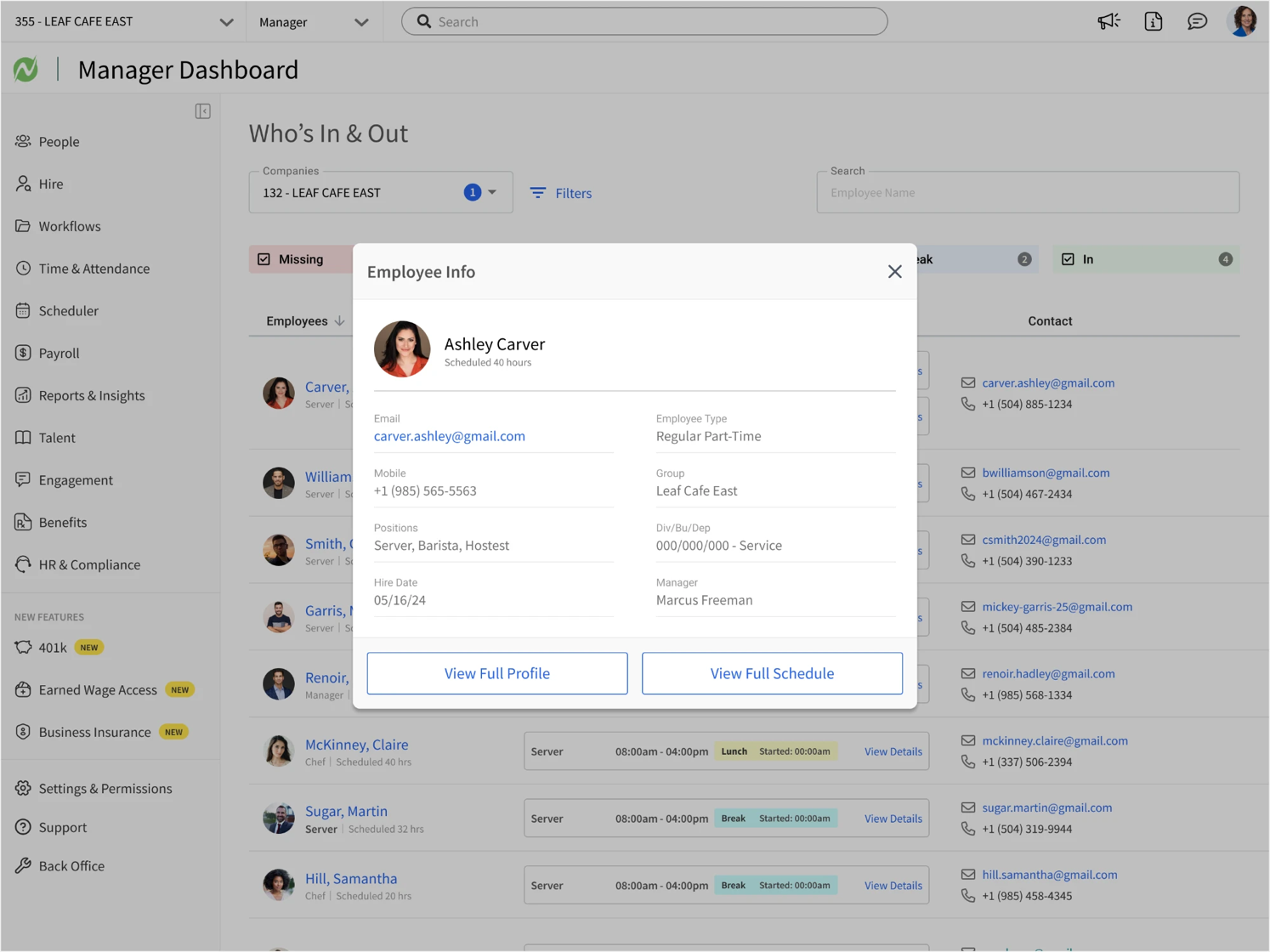 An Employee Info dialog over the dashboard, showing the missing employee's photo, contact details, positions, hire date, and manager