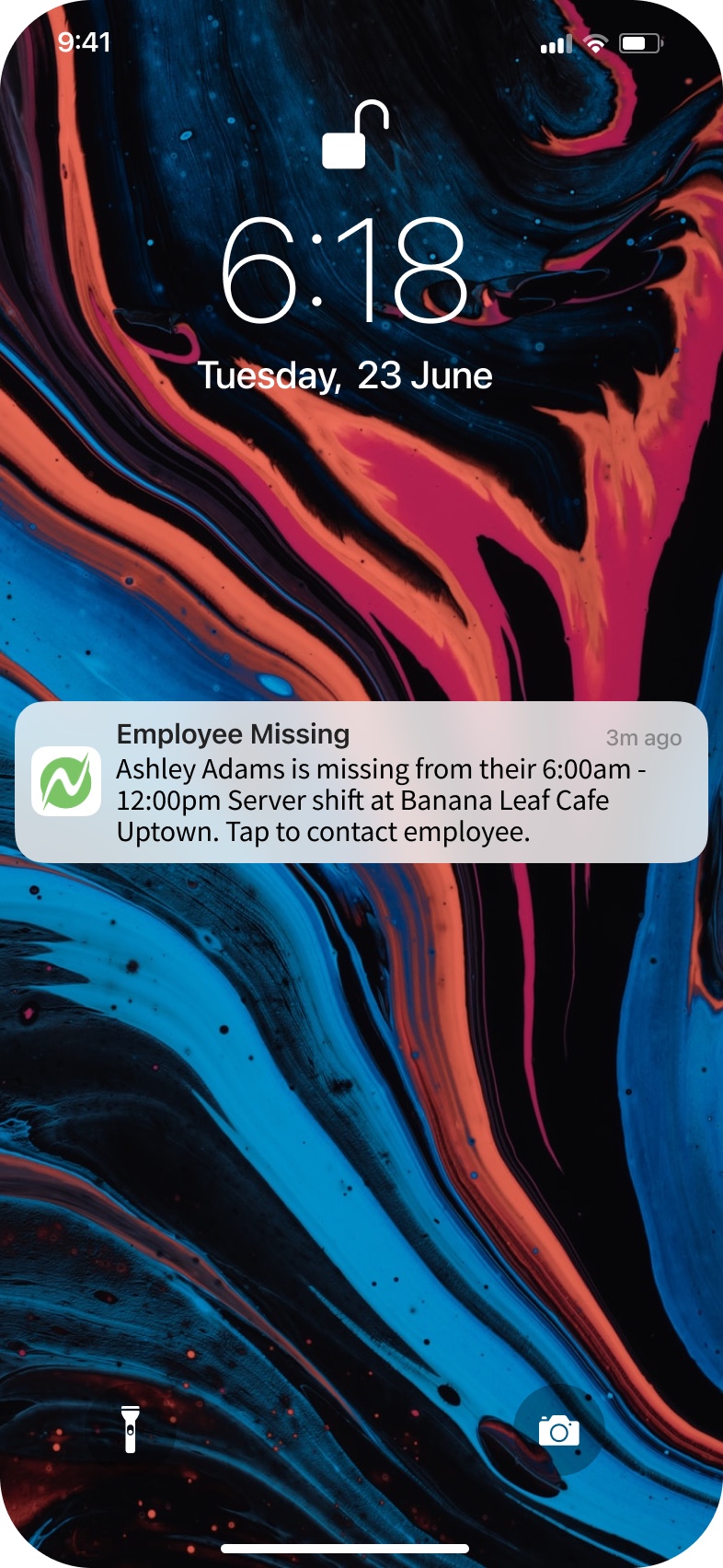 A phone lock screen with a Netchex push notification reporting an employee missing from a scheduled shift