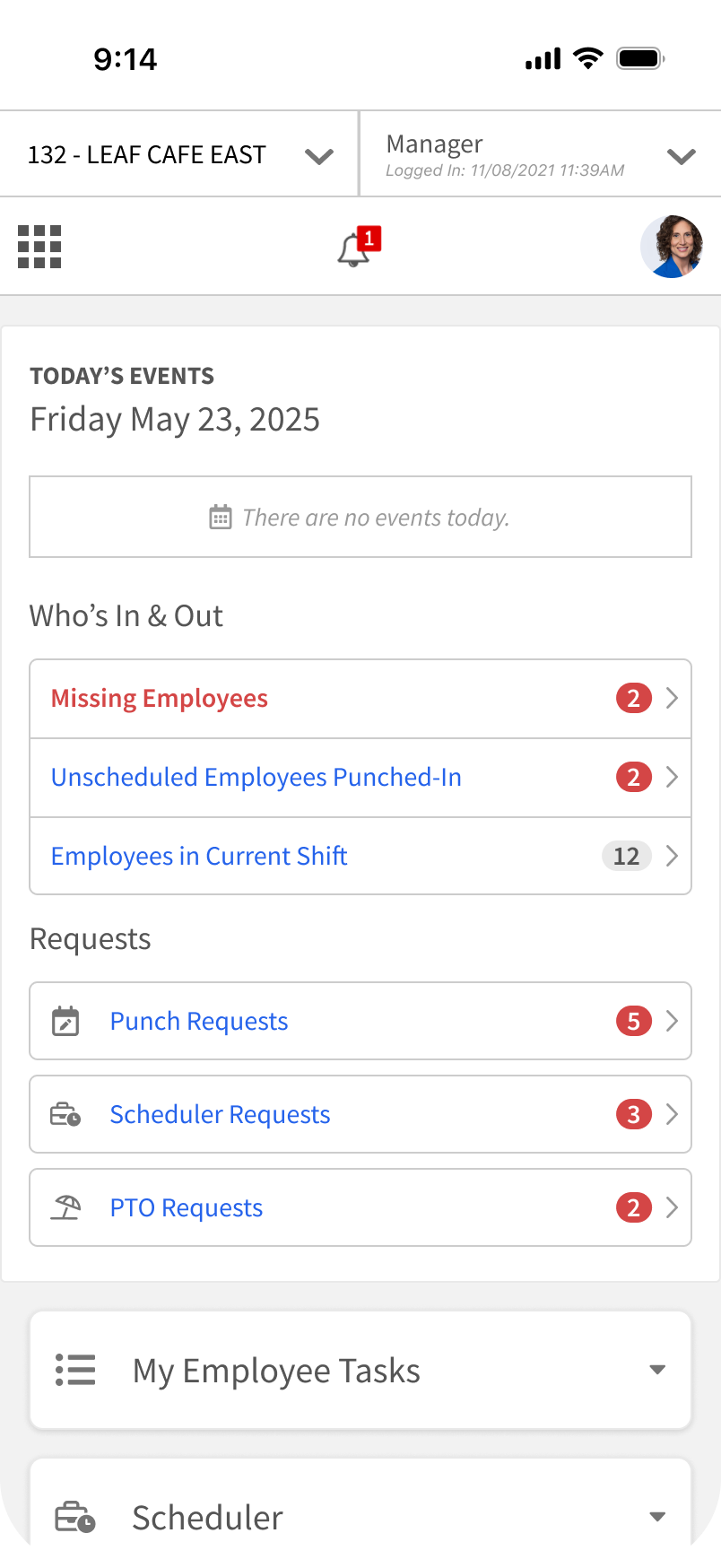 The manager home screen in the Netchex mobile app, with missing employees and attendance exceptions listed first