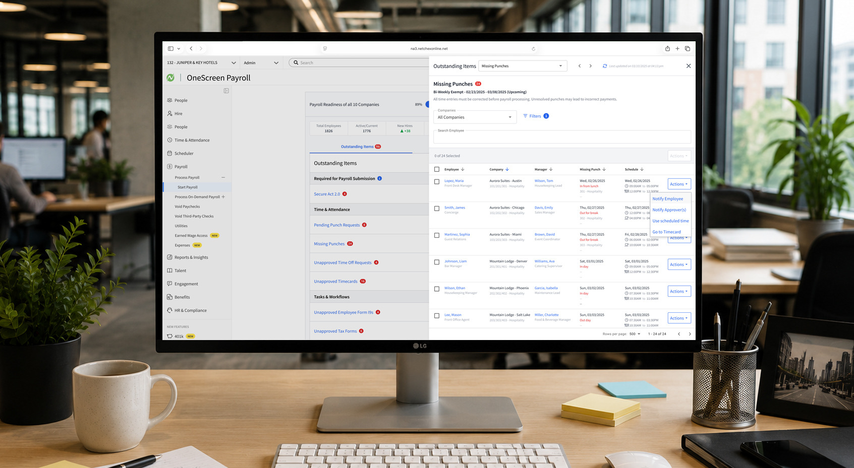 OneScreen Payroll missing punches panel for Netchex with actions to notify employees before processing payroll